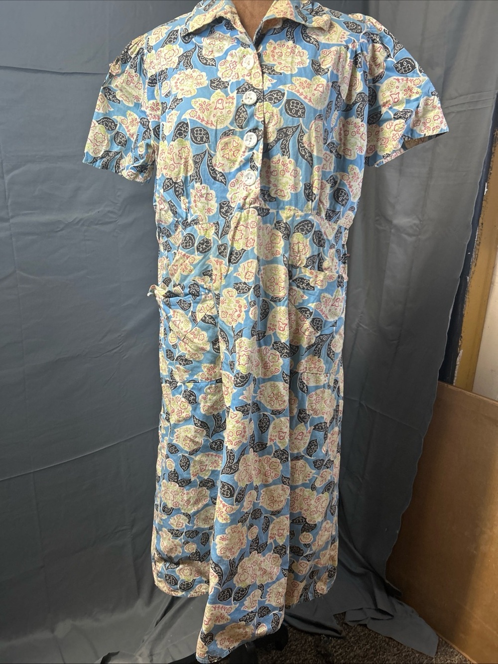 Vintage 40s 50s Cotton Floral House Dress Blue Yellow Day Midi Frock As-Is M /L